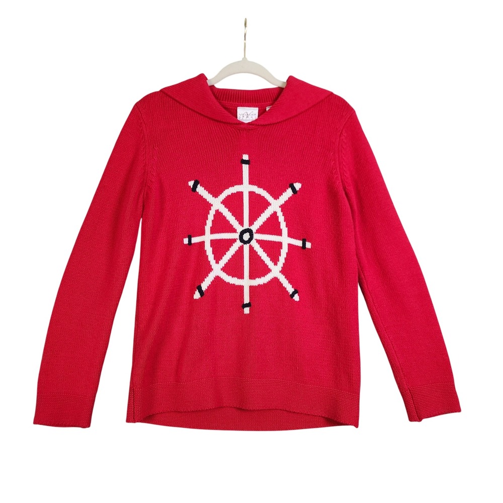 Liz Claiborne Womens Vintage Red Nautical Ship Wheel Sailor Collar Sweater PM